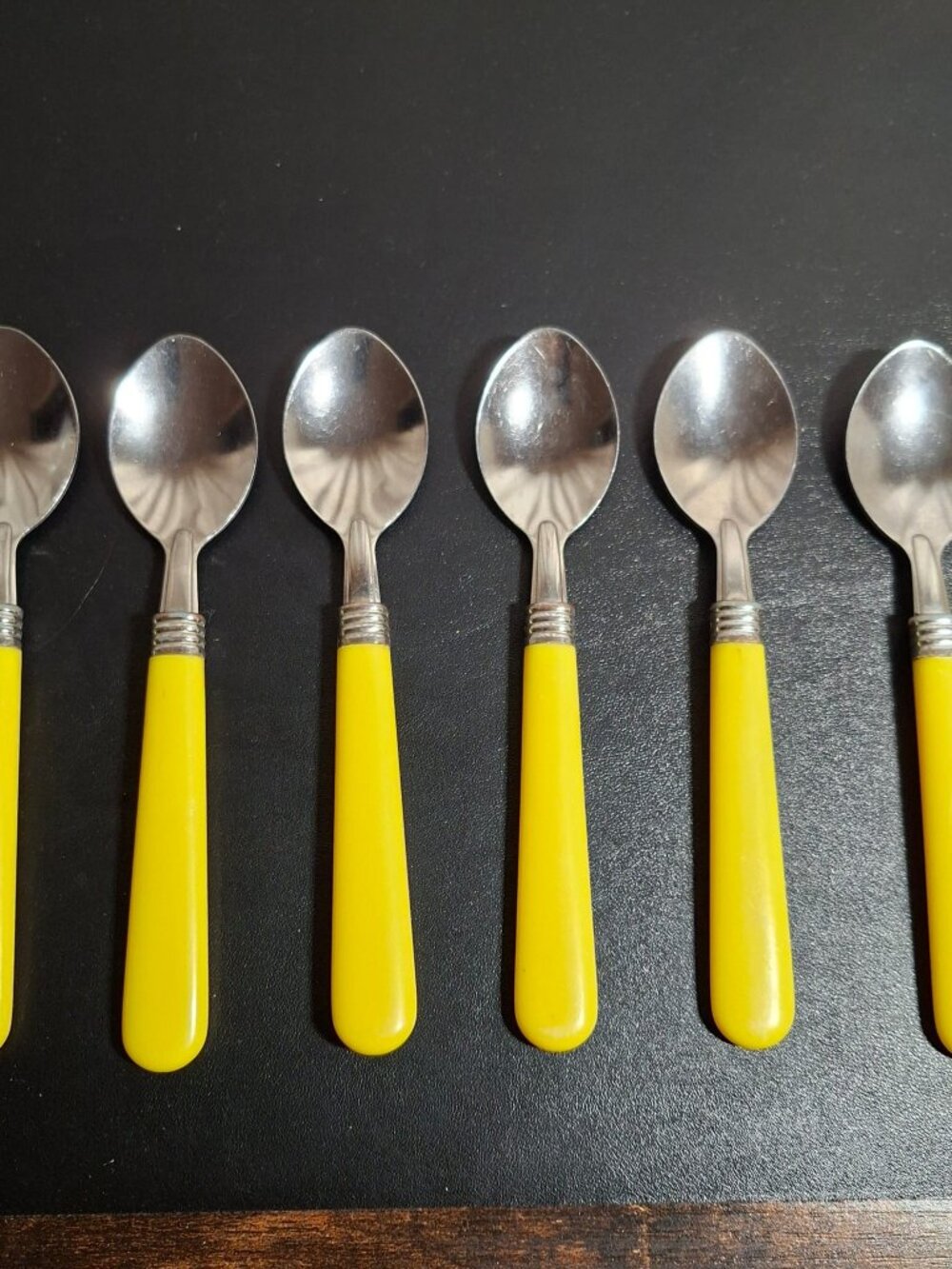 6 Vintage Retro Bright Yellow Handle Stainless Teaspoons Flatware Cutlery 6.25"